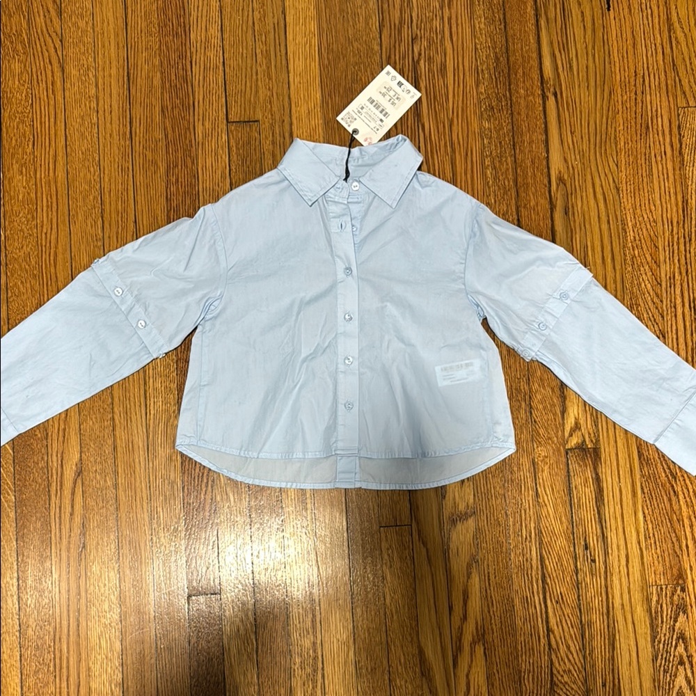 Zara girls blue button down shirt with removable sleeves 6-7